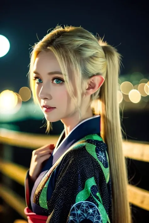 Body diagram: Moonlit, starry night sky background. Blonde, alluring, beautiful, large double eyelids, green eyes, elf, black and white, red kimono color.