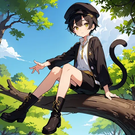 ((high quality/fantasy style))、alone、juvenile、jet-black short hair、、cat tail、(golden eyes/cat-like eyes)、wear a newsboy cap、whit...