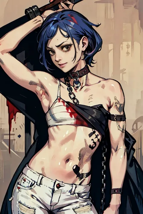 highest quality, High resolution,(A frame made up of chains and skulls),zombie girl、A bloody chainsaw、Splattering blood、amusement park、small eyes、small breasts, Mr.々colored hair, realistic, masterpiece, super detailed, 8K, epic 、cute underwear、tattoo、Cute ...