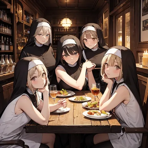 A group of  nuns, (in tavern), various hair styles, harem, night, details face, seducing, sleeveless