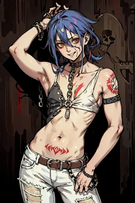 highest quality, High resolution,(A frame made up of chains and skulls),zombie girl、A bloody chainsaw、Splattering blood、amusement park、small eyes、small breasts, Mr.々colored hair, realistic, masterpiece, super detailed, 8K, epic 、cute underwear、tattoo、Cute ...