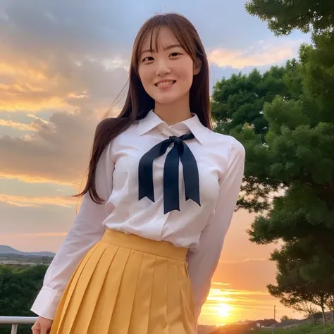 (Best Quality, hight resolution, masutepiece :1.3), (Taken from below), Pretty Woman, Orange sunset sky, Sun and clouds on sea background, Cute girl in uniform, long black hair, She wears a white blouse and pleated skirt, Stand with her legs wide open, Blu...