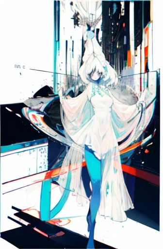 leaning front with hands out in the air,from upper view,(masterpiece, highest quality, official art:1.2), (flat color:1.5),(colorful),looking at the viewer,1 girl,alone, white background, ,(2D:1.5) ,NSFW, see through dress,translucent dress