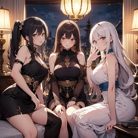 A group of  priestesses, (in bedroom), various hair styles, harem, night, details face, seducing, sleeveless