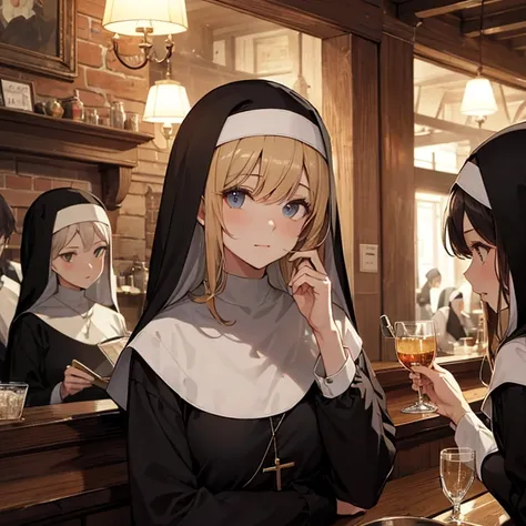 A group of  nuns, (in tavern), various hair styles, harem, night, details face, seducing, 