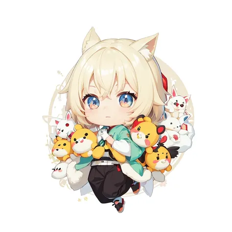 Anime figure，Holding a bunch of stuffed toys in his hand, , Official illustration, Keqing from Genshin Impact, Genshin, official fanart, with chicks, Anime moe art style, offcial art, zhongli from genshin impact, zerochan art, shirabii, Cute:2, Pisif, zero...