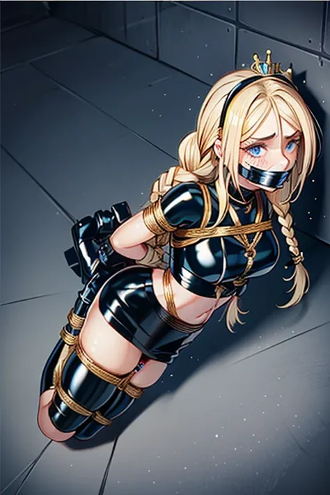 Shiny blond hair, very long hair, sophisticated haircut, ((((hair fully braided)))), ((small twisted braids)), thin and oval face, submissive, (((gagged))), ((((black tight latex crop top)))), ((((tight latex skirt)))), cute and blushing 18 years old anime...