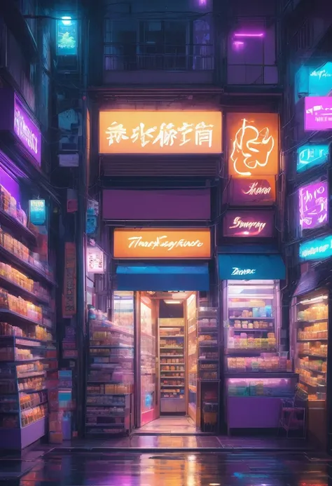 1girl, midnight convenience store, aesthetic, neon night page, vibrant city lights, dimly lit shelves full of snacks and drinks,...