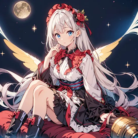 Star Fairy、(masterpiece, best quality), 1girl, sitting on the crescent moon、「A beautifully printed galaxy patterned kimono and gothic lolita outfit.、Space pattern box pleated mini skirt with ruffles、Front view portrait、Knee-high boots、enchanting eyes、Perfe...