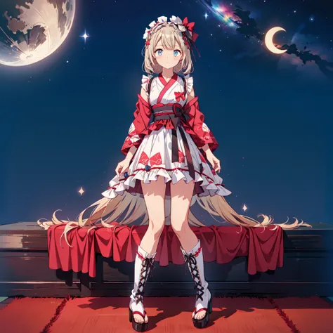 Star Fairy、(masterpiece, best quality), 1girl, sitting on the crescent moon、「A beautifully printed galaxy patterned kimono and gothic lolita outfit.、Space pattern box pleated mini skirt with ruffles、Front view portrait、Knee-high boots、enchanting eyes、Perfe...