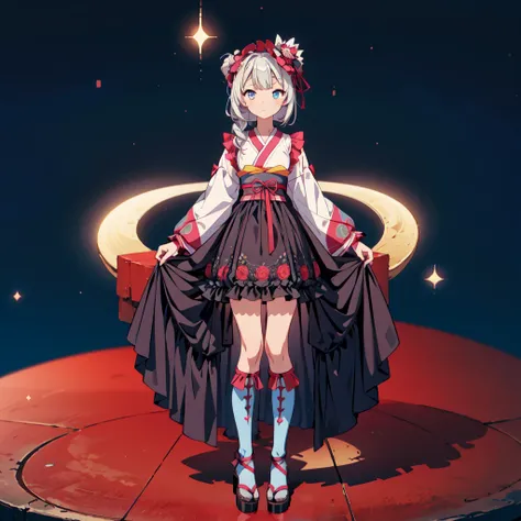 Star Fairy、(masterpiece, best quality), 1girl, sitting on the crescent moon、「A beautifully printed galaxy patterned kimono and gothic lolita outfit.、Space pattern box pleated mini skirt with ruffles、Front view portrait、Knee-high boots、enchanting eyes、Perfe...