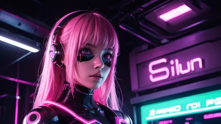 1 girl, pink neon ,robot, female cyborg , cyber punk, club,dim lighting, neon signs,fc portrait, neon,cyber punk, futuristic ,