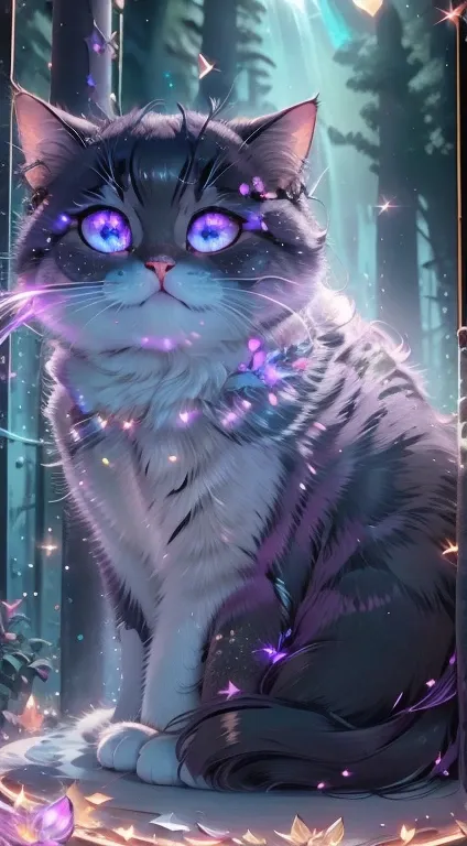 create a vibrant dark fantasy cute  cat in a clean-lined minimalistic cartoon style, in the background a beautiful forest and a ...