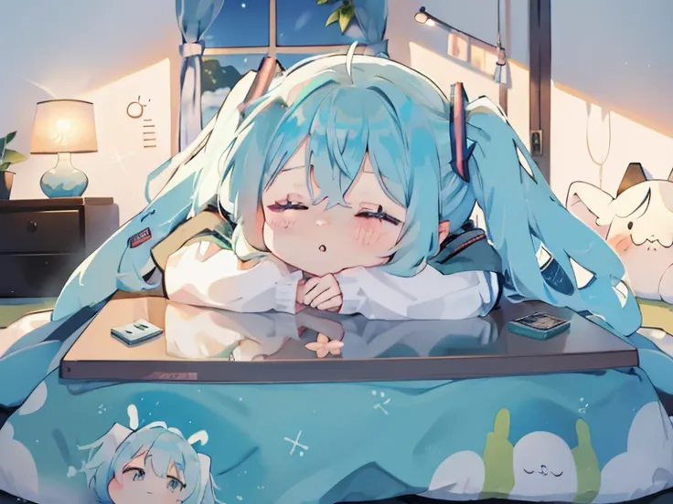 1 girl in, ((miku hatsune))、sleep、kotatsu, the table, sleepeace, down face, light blue hair, winters, upper body,mikan, reflecti...