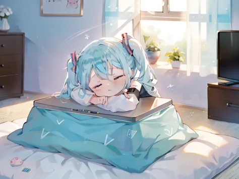 1 girl in, ((miku hatsune))、sleep、kotatsu, the table, sleepeace, down face, light blue hair, winters, upper body,mikan, reflecti...