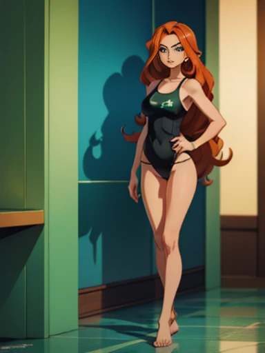 (masterpiece, best quality), full body portrait sam \(totally spies\), orange hair, long hair, green eyes, ((wearing black one p...