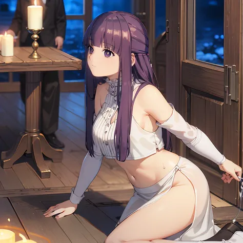 (highest quality, masterpiece),sexy,  erotic, 1 girl, 18-year-old, despise, pride, purple long hair, ((purple eyes)), white skirt, looking at the audience, Medieval Tavern, (close), ((dark room)), Sweat, candle light, ((blush)), Drop your shoulders, Split,...