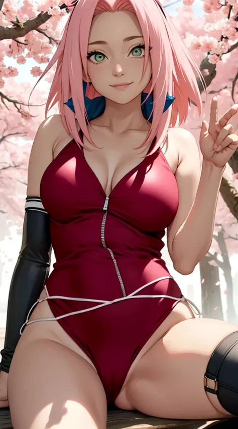 master piece， best quality， 1 girl， Sakura haruno， big breasts，，（upper body close-up)，sexy and excited，I&#39;m shy，smile，pink haired， white long hair， （green eyeball:1.4)， forehead protection， Cherry tree，Cherry blossoms are dancing，Red clothes，zipper half...