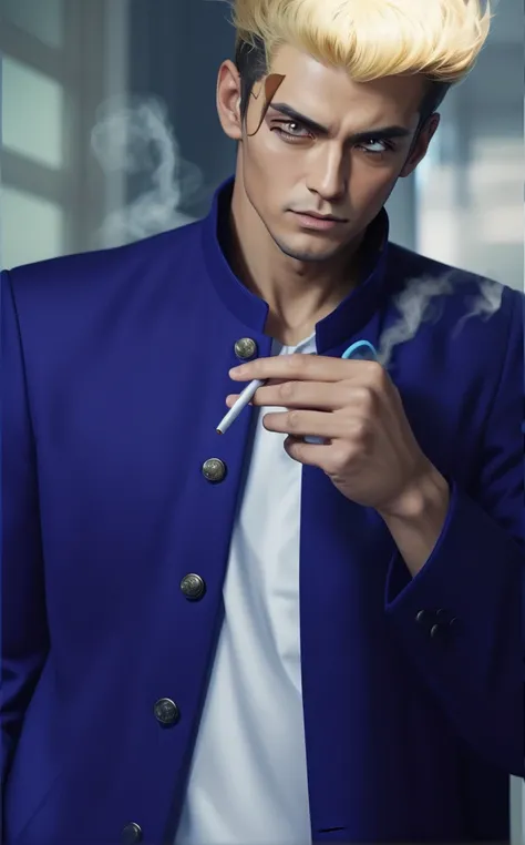 portraitจริง shot of man in silk blue gakuran uniform with cigarett  ,it has a detailed modern and elegant office background.,  ...