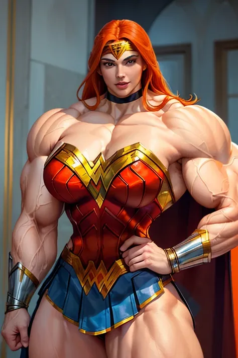 ((((Massive, tall, beautiful, buff, pale white skinned muscular woman with orange hair, ginormous bulky muscles and wearing an all orange Wonder Woman suit with pleated skirt and a cape)))), close view, ((massive muscle)), massive biceps, hyper muscle shou...