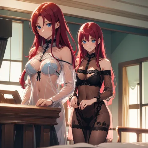 1 girls, crimson hair, long hair,  bright blue eyes, top quality, wear babydoll lingerie, ((see-through)), black babydoll, lingerie, anime girl, off shoulder, ((see-through)), off  Thigh, ((see-through)), bedroom background,