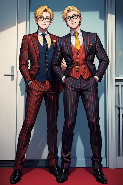 male, blonde short hair, blue eyes, (((1boy))), (((red business suit with yellow pinstripes))), (black shirt), (yellow tie), (red pants with yellow pinstripes), (black shoes), (glasses), long legs, smiling