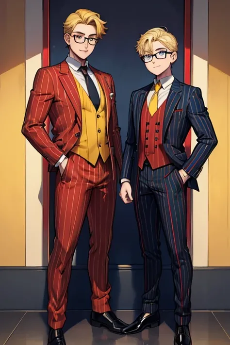 male, blonde short hair, blue eyes, (((1boy))), (((red business suit with yellow pinstripes))), (black shirt), (yellow tie), (red pants with yellow pinstripes), (black shoes), (glasses), long legs, smiling