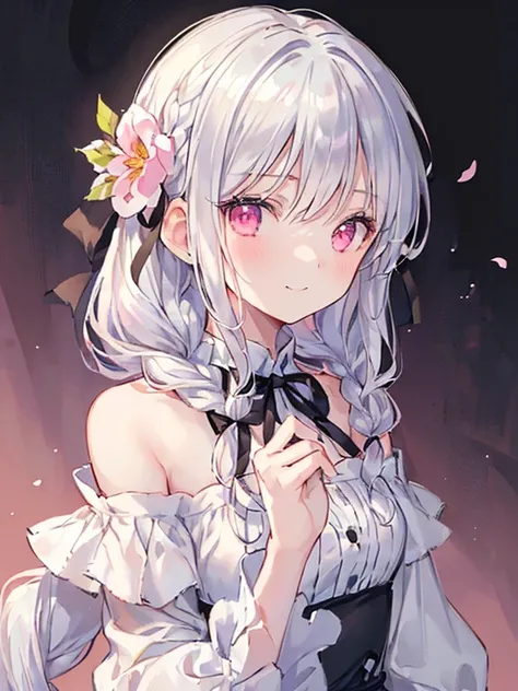 (Bestquality, Masterpiece), (An elegant girl , 1girl , solo, "Beige Dress", off-the-shoulder , Standing , Looking At The Audience, ( "Gradient silver hair", Long-haired," Braids " , Black ribbon,flower on hair ) , Gradient Pink Eyes , Closed Mouth , Smile ...