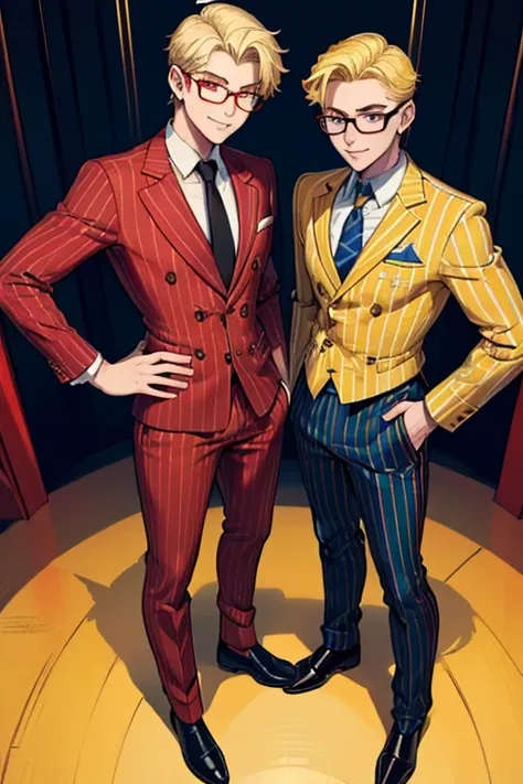 male, blonde short hair, blue eyes, (((1boy))), (((red business suit with yellow pinstripes))), (black shirt), (yellow tie), (red pants with yellow pinstripes), (black shoes), (glasses), long legs, smiling, single person