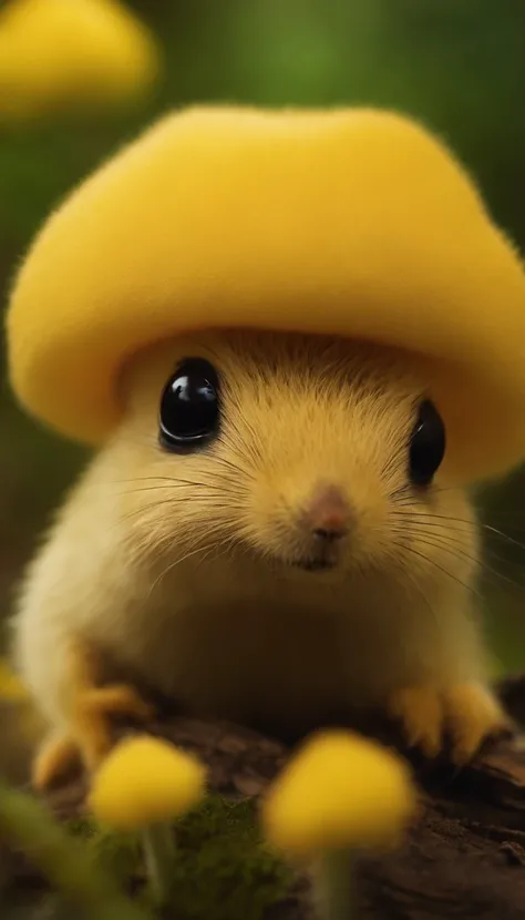 adorable yellow creature，Semelhante a uma mistura de coelho e cenoura, cute, fofo, peludo, Felpudo, Floresta, Cogumelos, Wear a mushroom hat