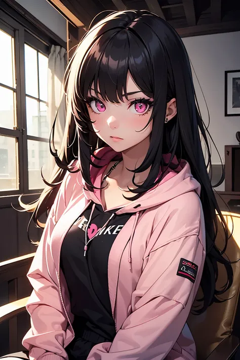 ((1 girl)), Sit down with Pétain, sick, Red eyes, Red cheeks, Dark My Room, latest trend clothes, Large blue neon hoodie, Street fashion,(cowboy shot) ,((Super detailed,highest quality, High resolution, 8k wallpaper, beautiful clothes,)),((black hair, long...