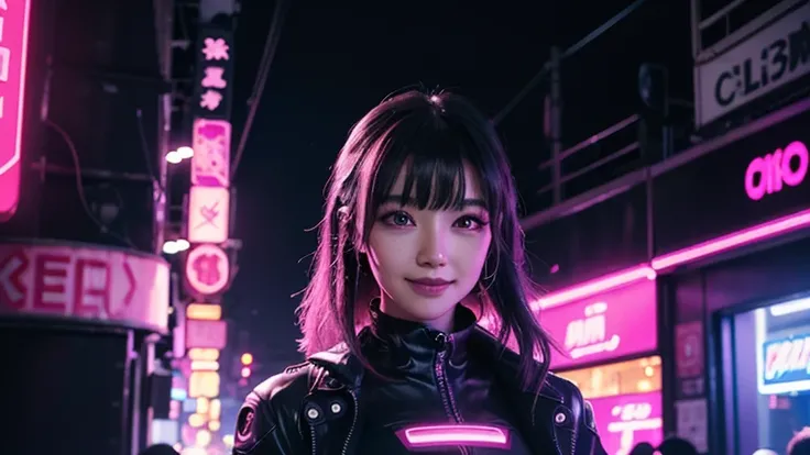 4K,1 girl,A charming smile, ライトブルー neon ,A female android is dancing, cyber punk, club music,dim lighting,neon signs,fc portrait, neon,cyber punk, futuristic ,blade runner,EDM,Club Music,