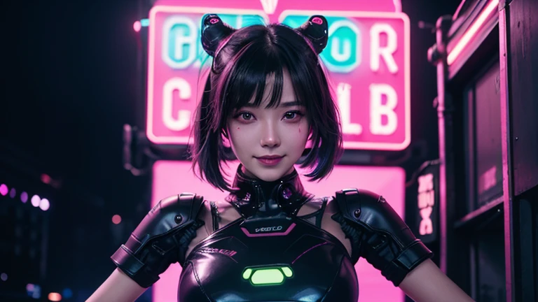 4K,1 girl,A charming smile, ライトブルー neon ,A female android is dancing, cyber punk, club music,dim lighting,neon signs,fc portrait, neon,cyber punk, futuristic ,blade runner,EDM,Club Music,