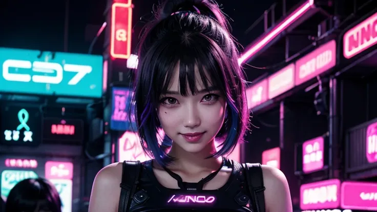 4K,1 girl,A charming smile, ライトブルー neon ,A female android is dancing, cyber punk, club music,dim lighting,neon signs,fc portrait, neon,cyber punk, futuristic ,blade runner,EDM,Club Music,