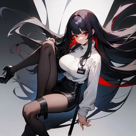 1girl, solo, black hair, very long hair, blunt bangs, hair clips, red eyes, large breasts, turtleneck, white sweater, formal, black jacket, black suit, long sleeves, Id card, black skirt, black pantyhose, thigh strap, thigh holster, black footwear, high he...