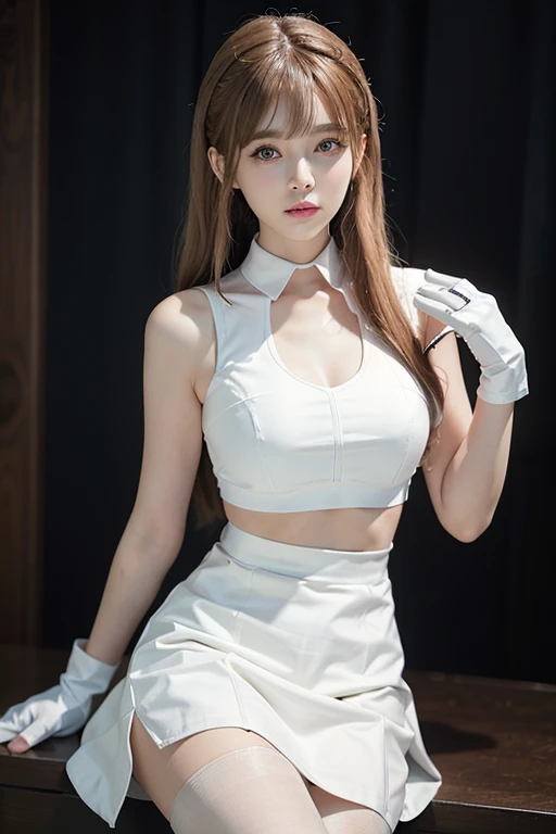 A woman with long blonde hair and bangs to her eyebrows, she is a Korean, with a white mini skirt, and a white top, with pantyhose, white gloves, high skirt, big chest, thighs 