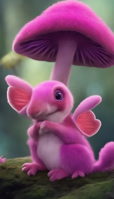 adorable purple and pink creature，Semelhante a uma mistura de coelho e cenoura, cute, fofo, peludo, Felpudo, Floresta, Cogumelos, Wear a mushroom hat