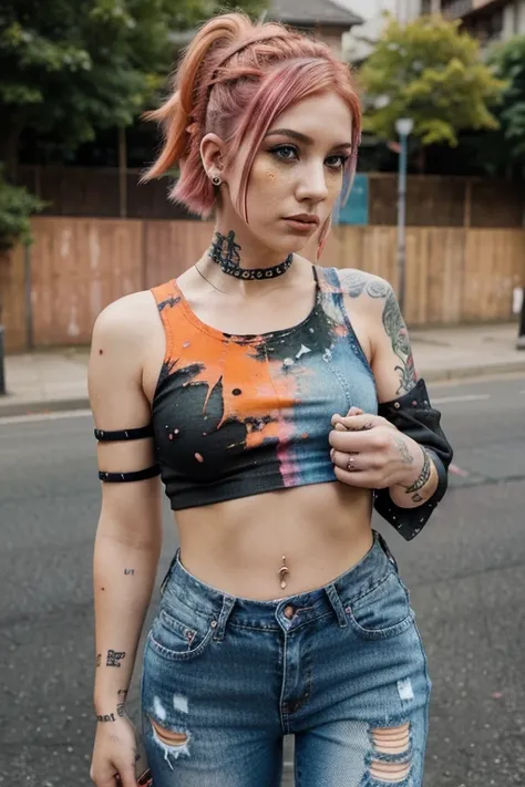 Pink & Orange Hair, Paint splattered top. fishnet sleeves, Jeans, Facial Piercings, ripped jeans, Cool Shape Shave, Multiple Ear Piercings, punk hair style,