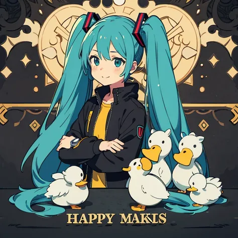 1girl, hatsune miku, jacket yellow, black shirt, watch, ducky, happy, house