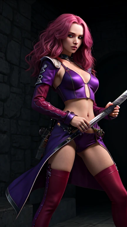 a cartoon of a woman with long sensual pink hair in vibrant red and purple skin-tight clothing holding a sword in each hand, atmosfera noturna,sedutora,ciberpank,realista