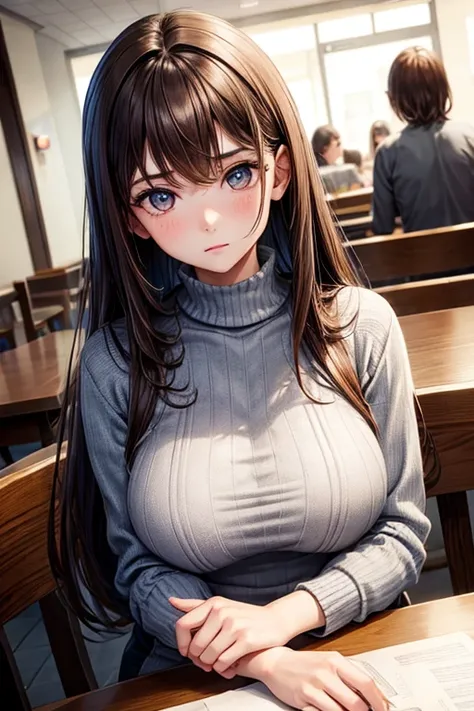 girl,teenager,(shy:1.2),{(brown hair:1.2),(medium hair:1.5),(straight hair:1.5),hair between eyes},(huge breasts:1.3),gray sweater,(fine eyes and skin:1.4),(detailed facial features:1.4),(perfect style),(beautiful face),sitting seat,at restaurant,(from fro...