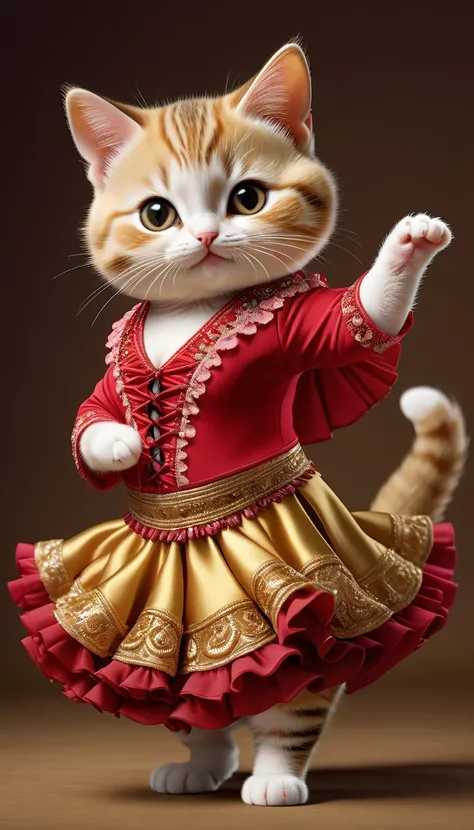 Photorealistic portrait of an animal wearing clothes - a chubby baby cat flamenco dancer,( Flamenco poses),  high quality,(charming) ,intricate details, Very detailed ((Golden flamenco costume)) ,Very detailed dress,, (happy), studio lighting,(full body im...