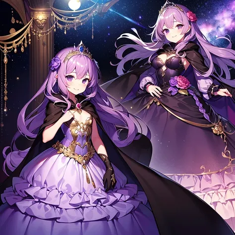 (kawaii),(best quality),(ultra detailed),(rococo style),(long train dark violet cape:1.15), very long cape,(long train dark violet ball gown with flower decorations:1.1), a girl is wearing a cape over her gown, 1 little princess, tiara, smile, very long ha...