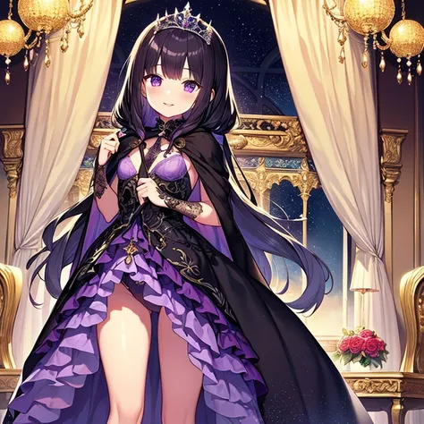 (kawaii),(best quality),(ultra detailed),(rococo style),(long train dark violet cape:1.15), very long cape,(long train dark violet ball gown with flower decorations:1.1), a girl is wearing a cape over her gown, 1 little princess, tiara, smile, very long ha...