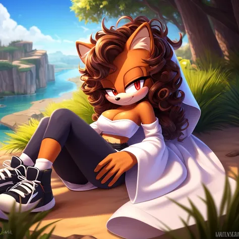 mobian, hedgehog, two-tone fur ((orange fur, brown fur)), Hijab, strapless crop top, long skirt, white robe, medium breasts, cleavage, high-top lace-less sneakers, two-tone hair (brown hair, black tip)), curly hair, halo, jewelry, red eyes, white aura, lon...