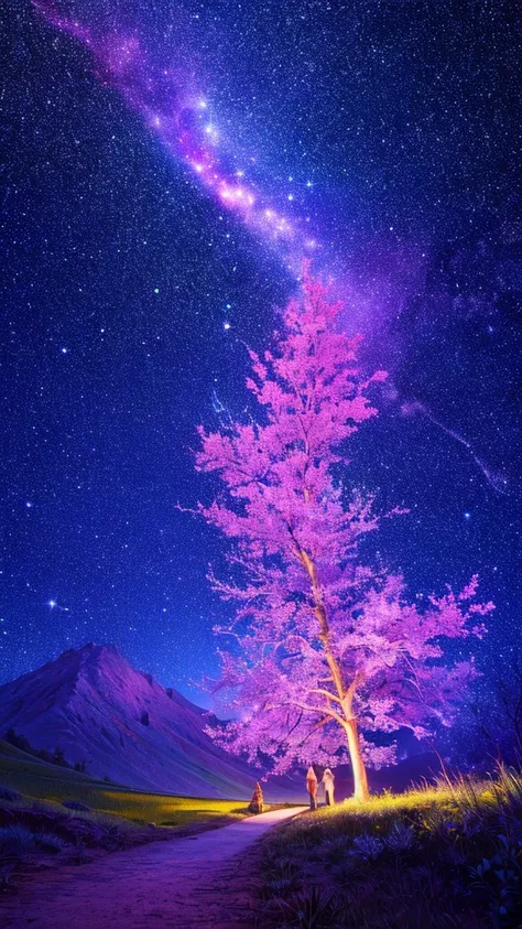 Describe the scene of a giant cherry tree standing on a grassy hill., starry sky,Colorful nebulae and your favorite constellations