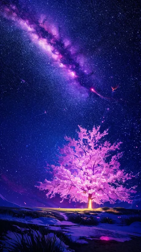 Describe the scene of a giant cherry tree standing on a grassy hill., starry sky,Colorful nebulae and your favorite constellations