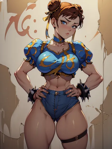 chun li,Masterpiece, Best Quality, 1girl, report, crop-top, jean shorts, Choker, (graffiti:1.aint splatter, (Hands Behind Your Back), Against a wall, looking a viewer, A bracelet, thigh strap, Paint on the body, tilt of head, bored, fiery hair color, Rainb...