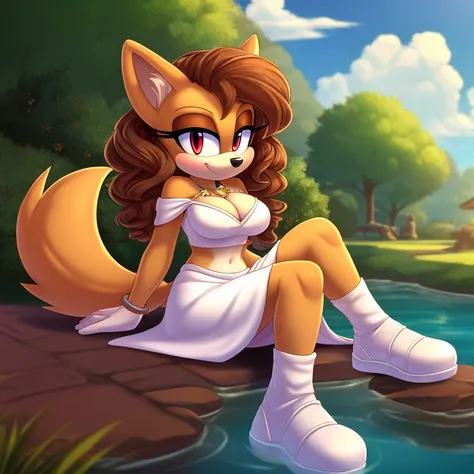 mobian, hedgehog, two-tone fur ((orange fur, brown fur)), Hijab, strapless crop top, long skirt, white robe, medium breasts, cleavage, high-top lace-less sneakers, two-tone hair (brown hair, black tip)), curly hair, halo, jewelry, red eyes, white aura, lon...