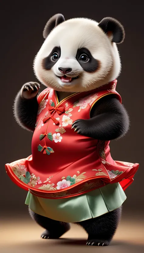 Photorealistic portrait of animals wearing clothes - a chubby baby panda dancer,( Dance poses),  high quality,(charming) ,intricate details, Very detailed ((Chinese cheongsam clothing)) ,Very detailed dress,, (happy), studio lighting,(full body image:1.5)